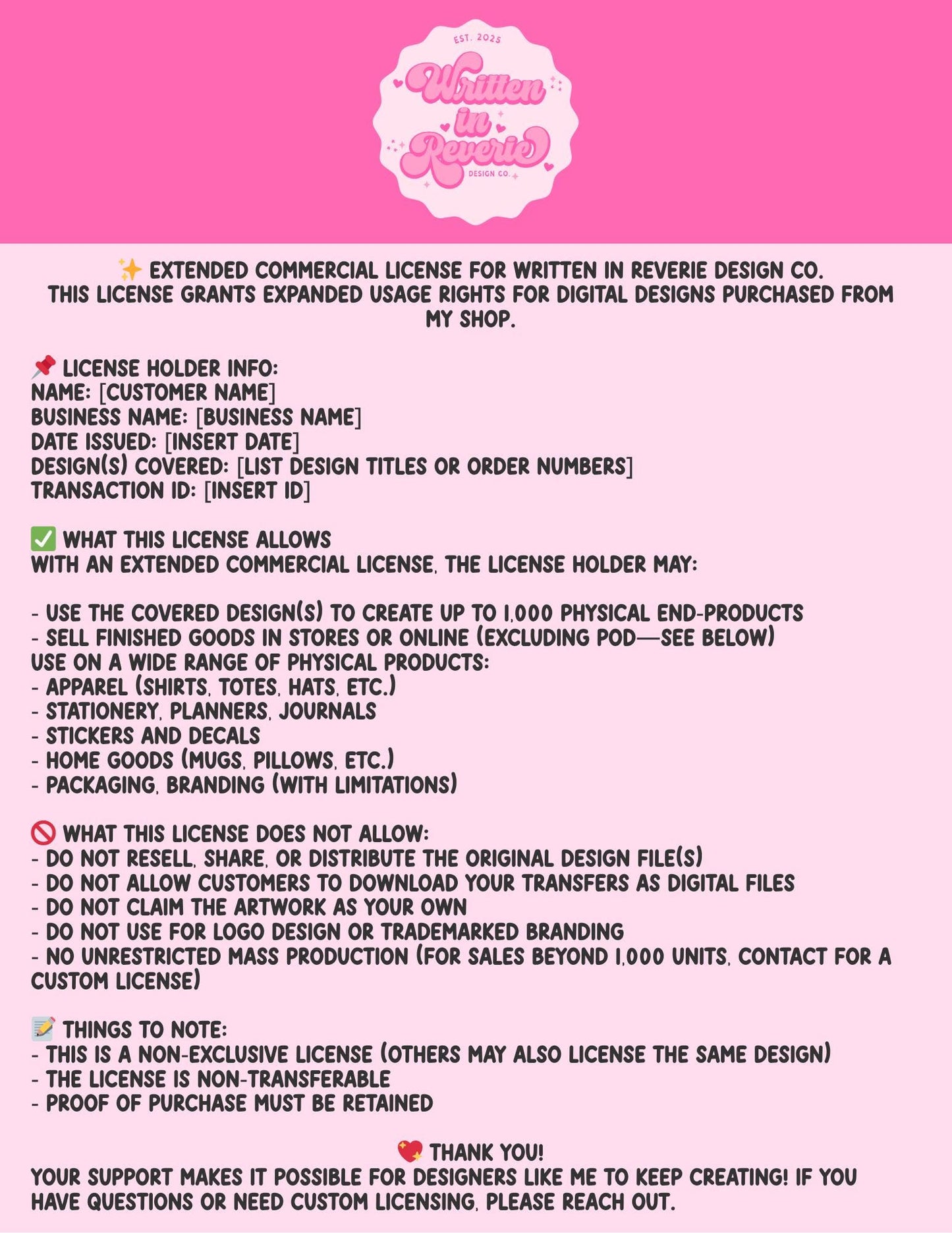 EXTENDED Commercial License for ONE Design | Written in Reverie Design Co.