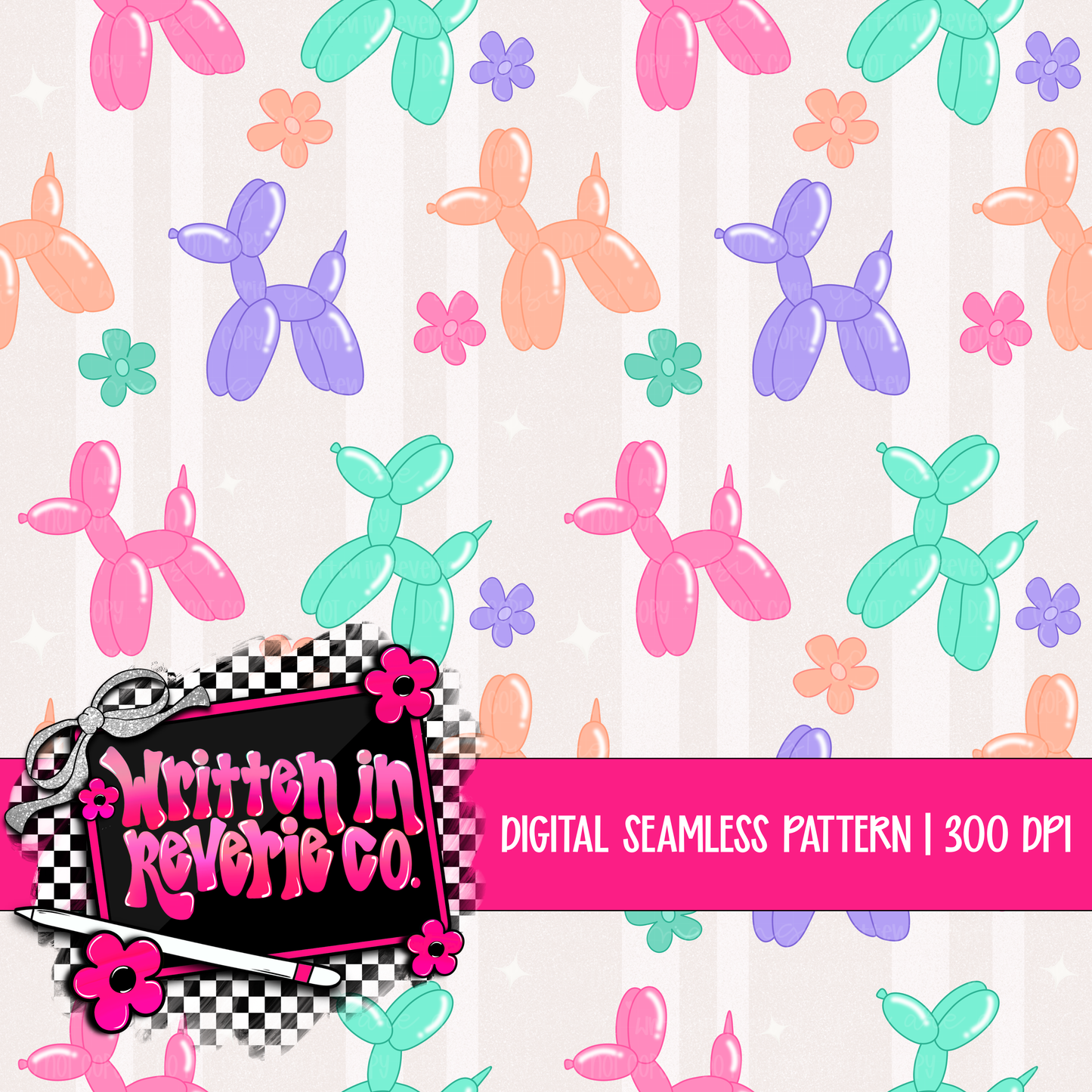 Summer Glitter Stripes Balloon Dogs Seamless