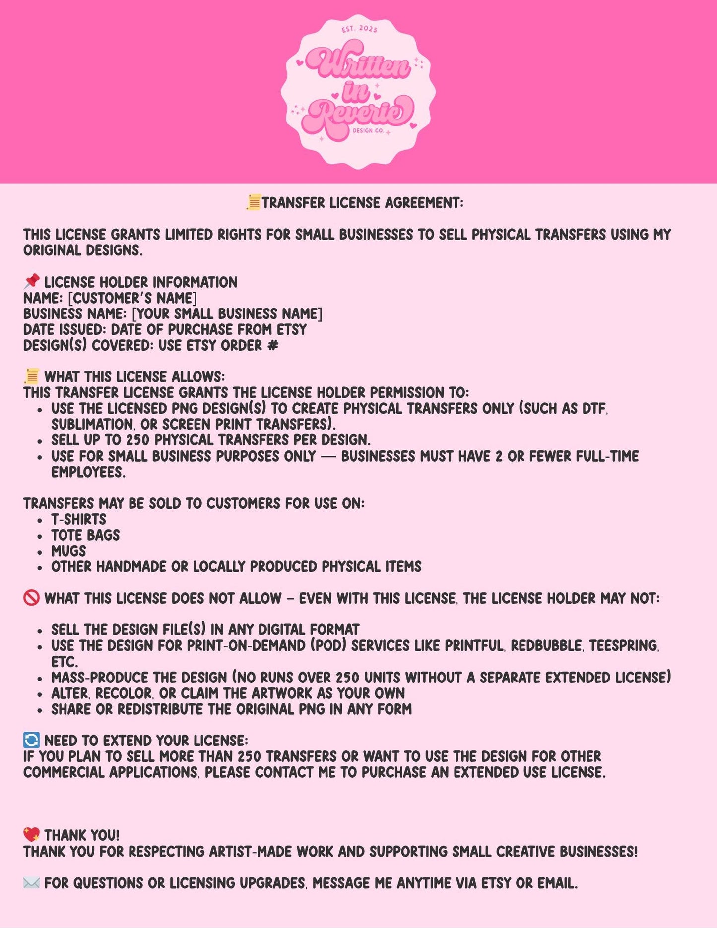 WHOLE SHOP Transfer License | ALL Written in Reverie Co. Designs