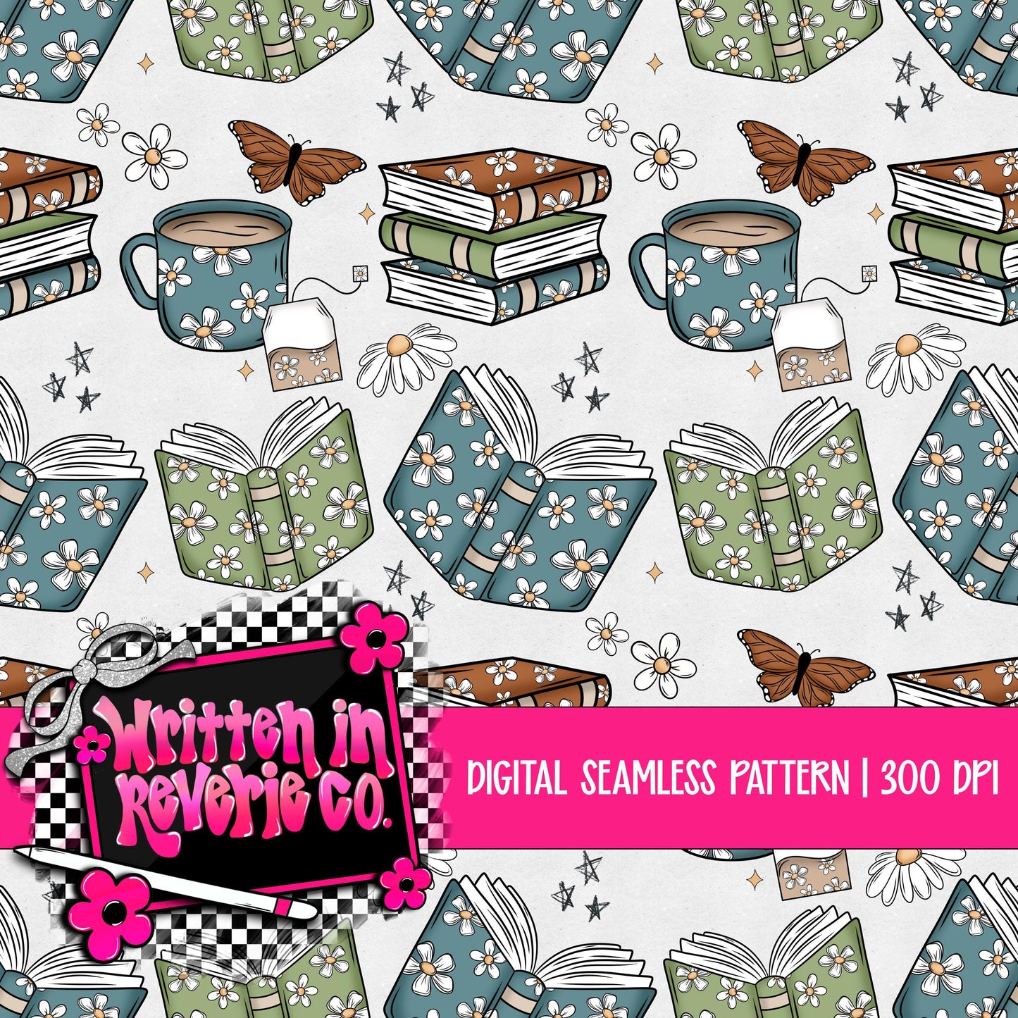 Floral Books and Tea Seamless